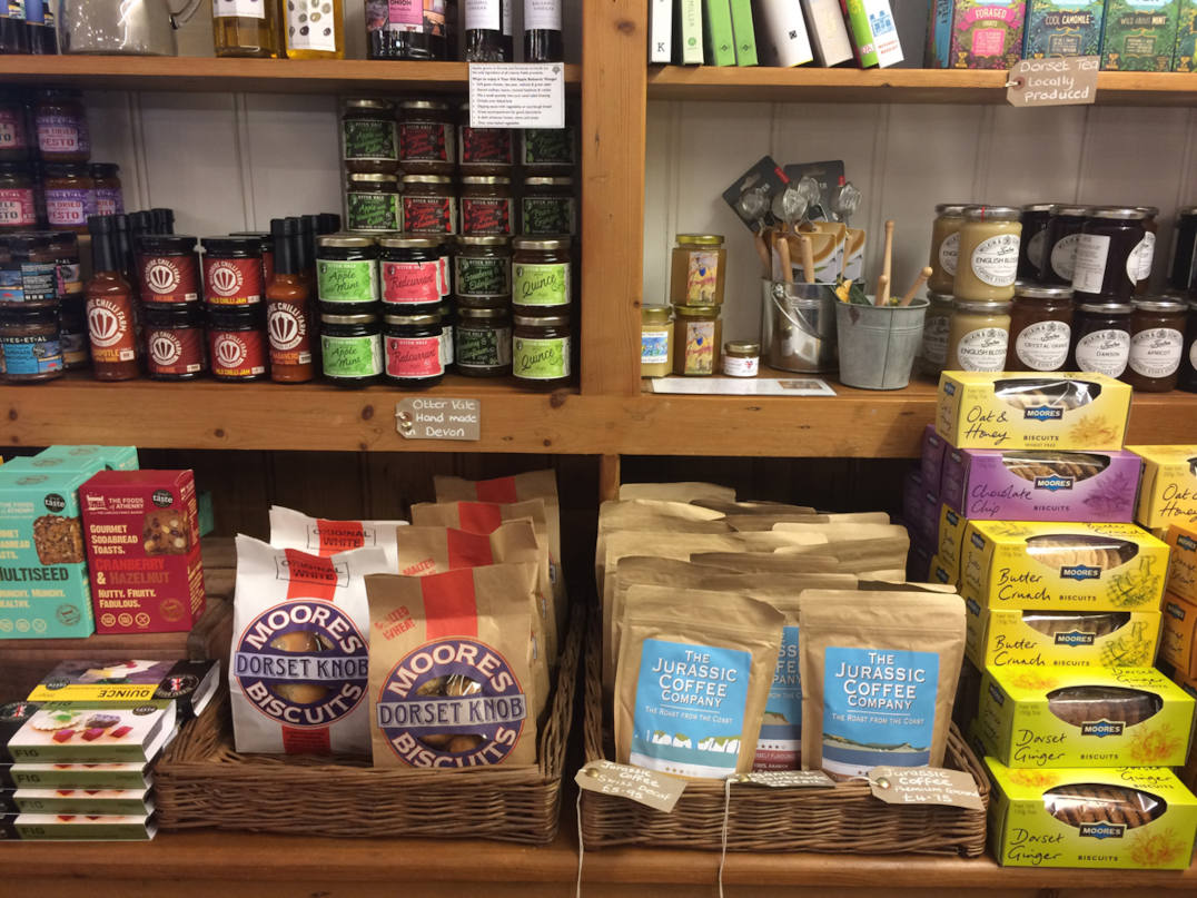 Local produce from Dorset on shelves in a farm shop