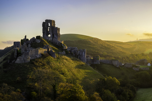 Corfe Castle at sunset