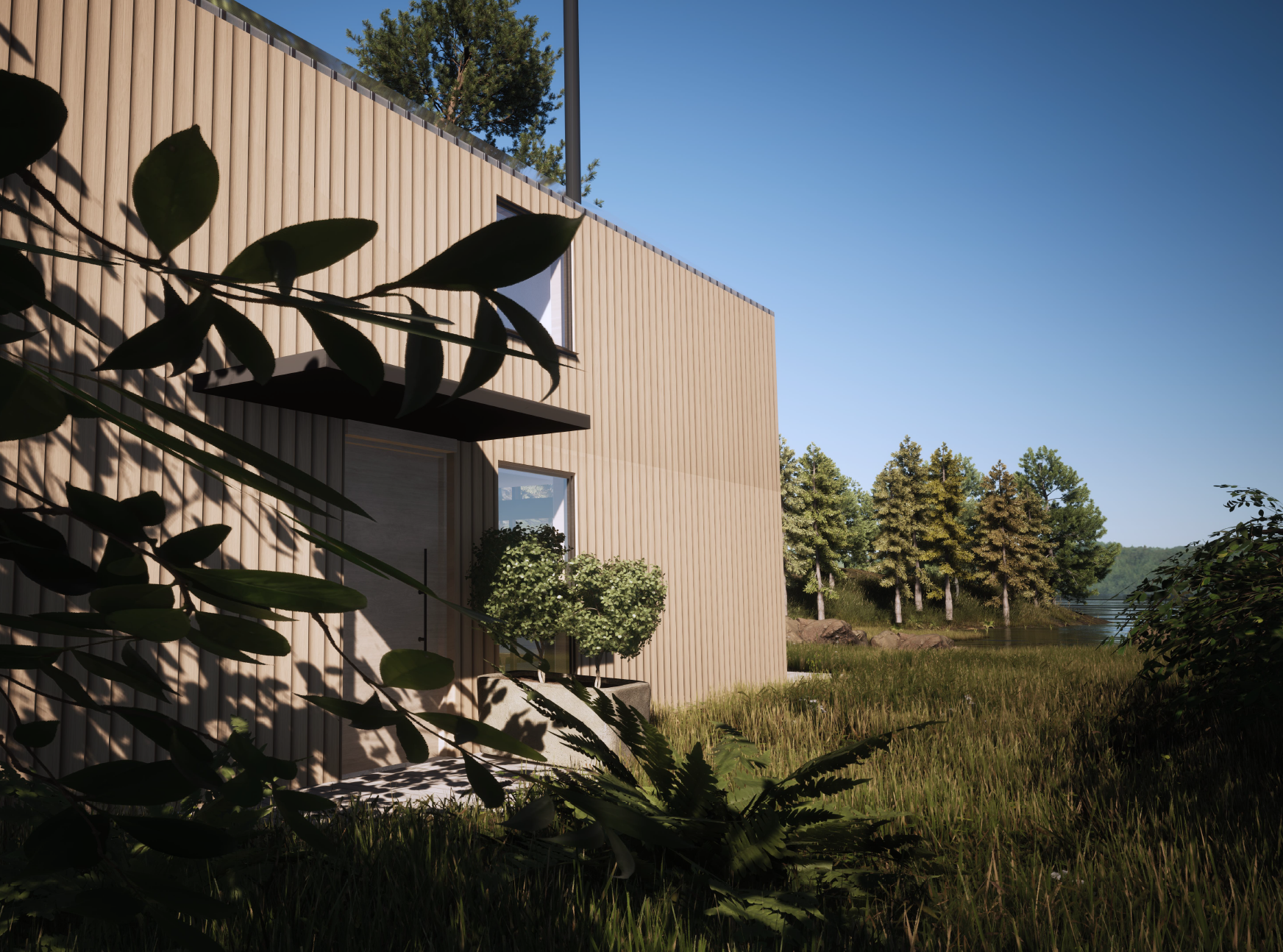 Exterior of the Outland, surrounded by grass and trees