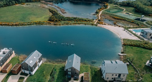 An aerial shot of the Silverlake estate on a warm day