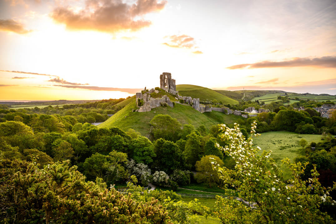 Corfe Castle on the hilltop