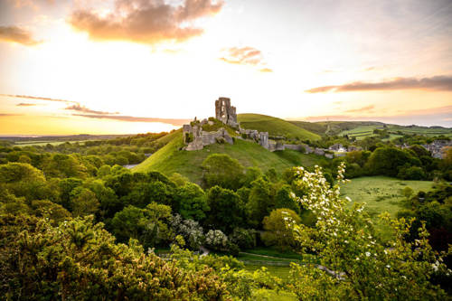 The ruins of Corfe Castle upon a grassy hill with the sun setting in the background