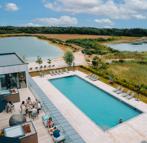 Aerial shot showing Silverlake’s Hurricane Spa’s pool, Hurricane Terrace and Dorset lakes in the background