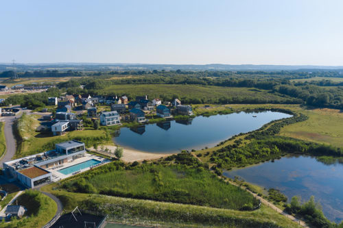 Aerial view of lakes and lakeside properties