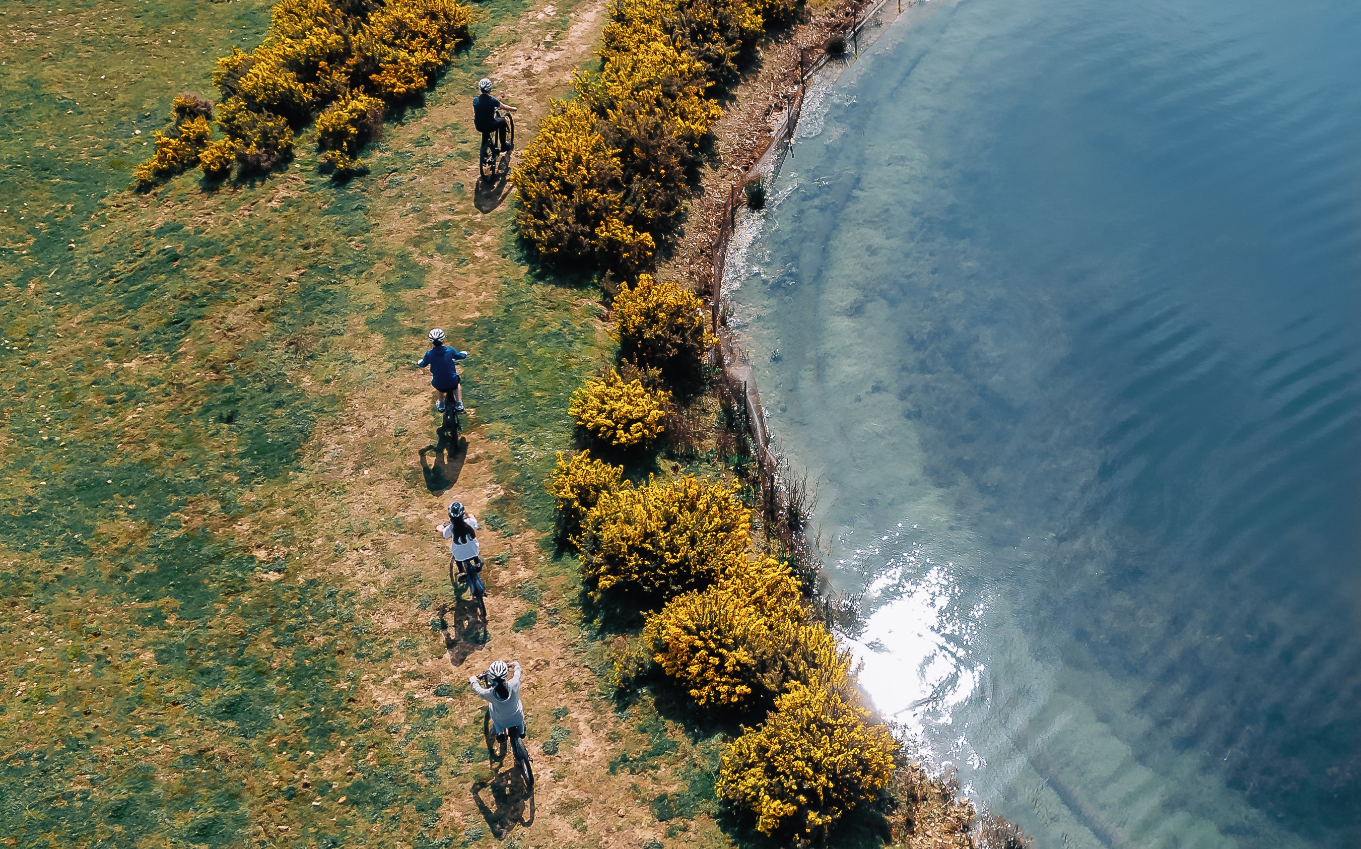 Overhead shot of a family cycling next to a lake at Silverlake, Dorset