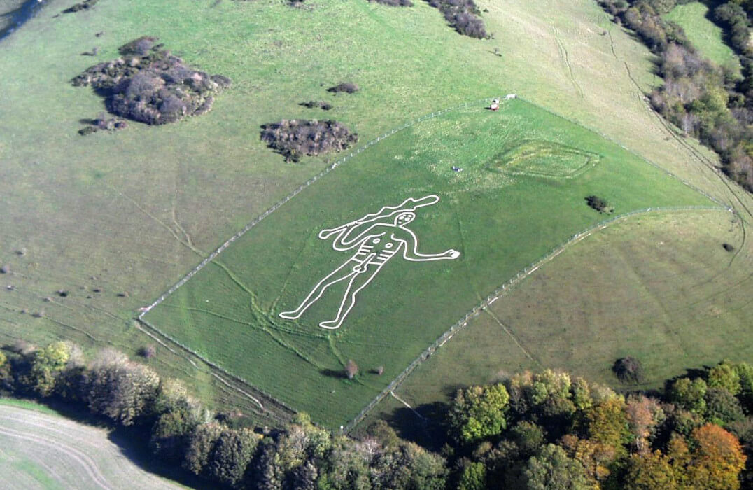 Cerne Abbas Giant from above, marked into the countryside