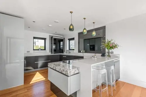 Interior Silverlake kitchen picture with white and grey surfaces and cupboards